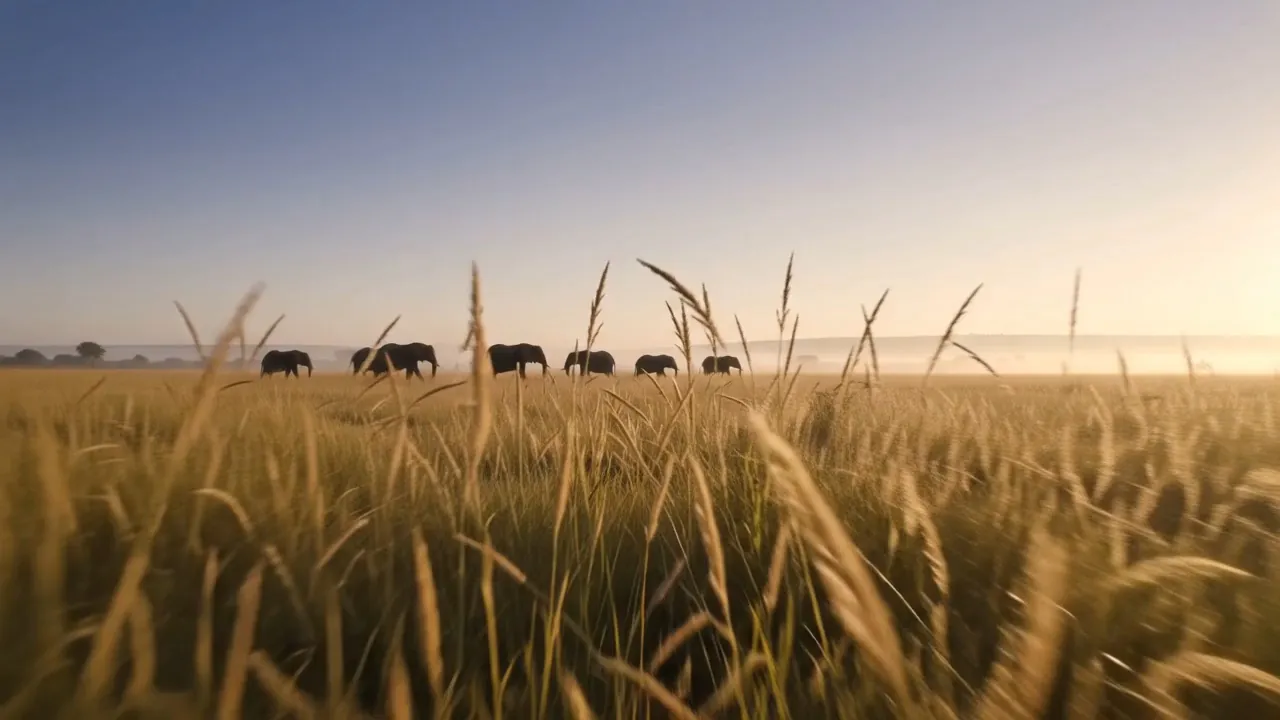 A line of elephants walks across misty grassland at first light, seen through tall golden grass