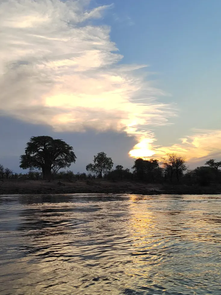 A river at sunset, with trees silhouetted on the far bank
