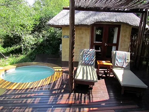 A thatched safari lodge deck with a plunge pool looking out over the bush